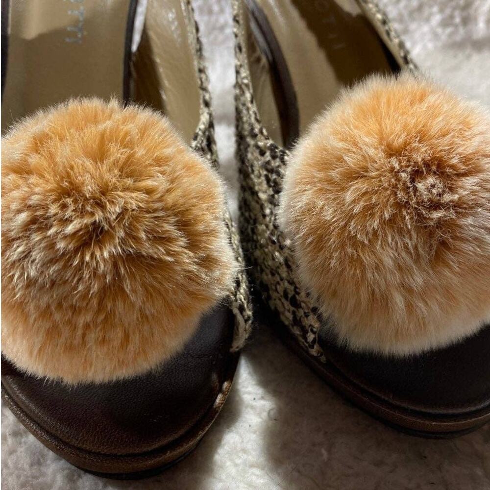 Via Condotti Women's Size 8.5 Slingback Heels Brown Tweed Peach Pompoms - Picture 11 of 12